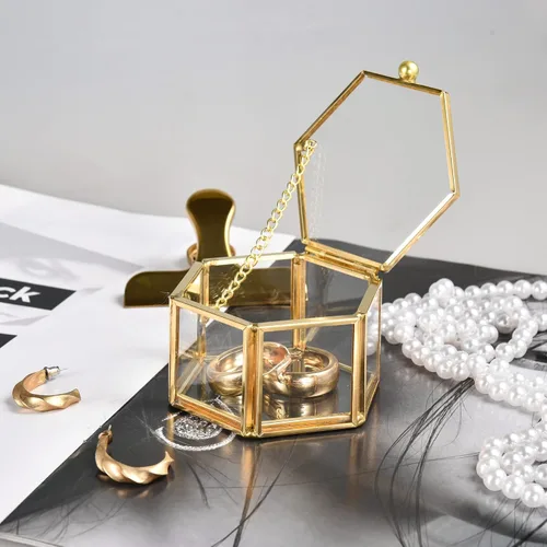 Miniatura 3 de Feyarl Pequeña caja de joyería de cristal dorado para joyería de joyería de joyería de cristal adornado, caja organizadora de recuerdos, caja