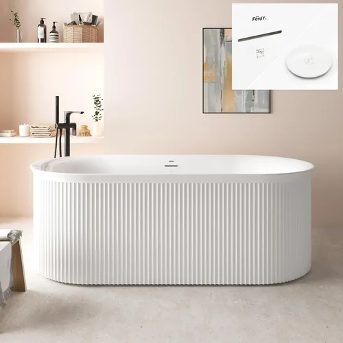 Miniatura 12 de FerdY 59" Bañera de acrílico independiente Bali Elite, bañera independiente de inmersión con forma elegante, certificada cUPC, desagüe negro Toe-Tap