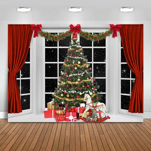 Mocsicka Fondo de fotografía de ventana interior de Navidad, árbol de Navidad, escenario de noche estrellada, fondo fotográfico, familia, niños,