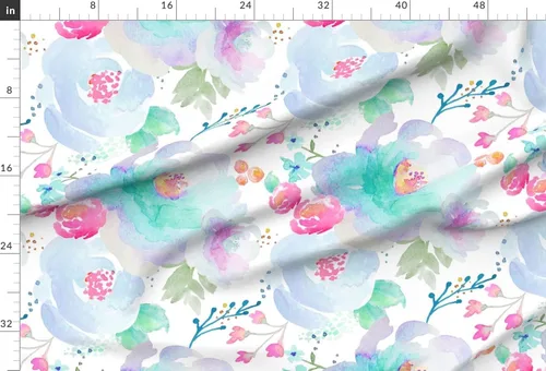 Miniatura 2 de Spoonflower Tela – Floración floral azul púrpura rosa acuarela floral estampado en tela de gasa cuarto gordo – costura moda vestidos decoración