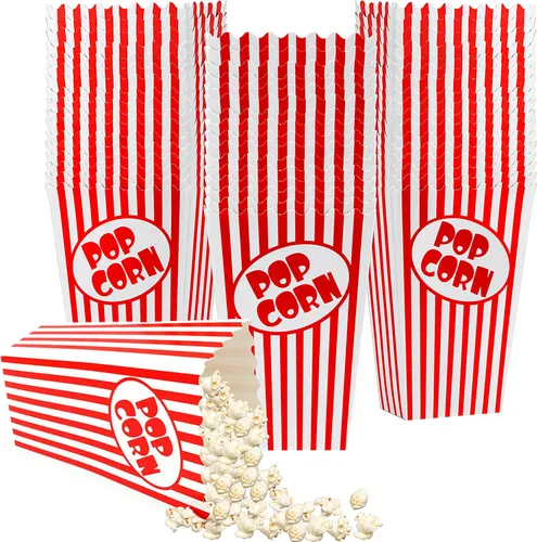 25 cajas de palomitas de maíz para fiestas de 5.5 pulgadas de alto, bolsas de palomitas de maíz a rayas rojas y blancas, mini cubos de palomitas de