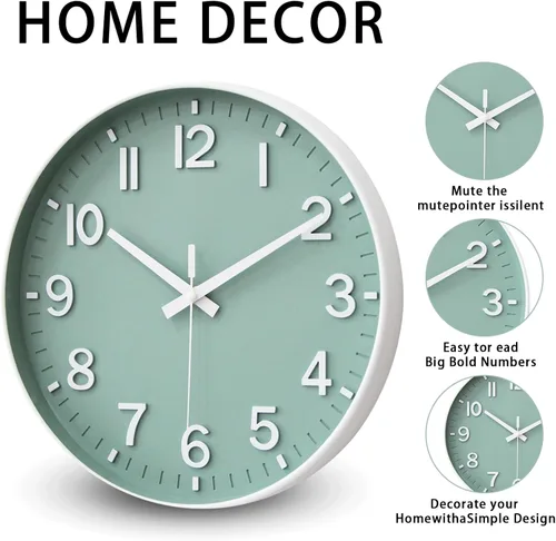 Miniatura 3 de HZDHCLH Reloj de pared con pilas, reloj de pared verde, reloj de pared de 12 pulgadas, silencioso, sin tictac, números 3D modernos para cocina