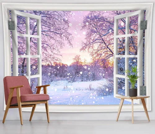 Miniatura 38 de HVEST Tapiz navideño de invierno para colgar en la pared, muñeco de nieve divertido con sombrero azul y tapices de regalo de Navidad, tapiz de pino