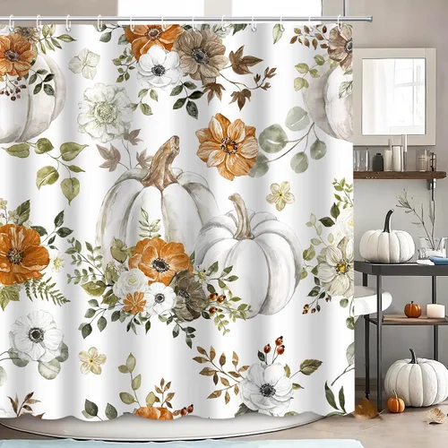 MEHOFOND Cortinas de ducha de calabaza de otoño para baño, cortina de ducha floral de otoño, cortinas de ducha para decoración de baño, cortinas de
