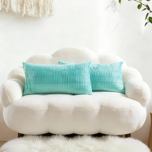 Miniatura 23 de Juego de 2 fundas de almohada decorativas de terciopelo a rayas plisadas de 14 x 26 pulgadas, funda de cojín rectangular suave y elegante para sofá
