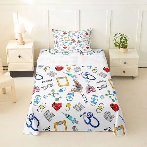Miniatura 69 de Erosebridal Nurse Sheet Set Stethoscope Twin Sheets Set for Teen Boys,Colorful Medical Healthcare Heartbeat Syringe Fitted Sheet