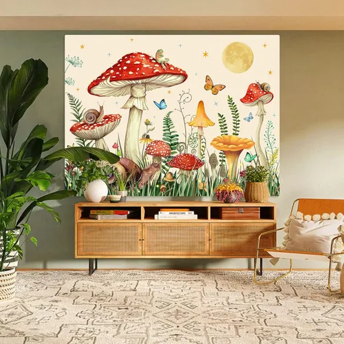 Miniatura 5 de Zussun Tapiz de hongo rojo, tapices de luna y estrella para dormitorio, estética de color beige, noche estrellada, planta verde, tapiz de pared