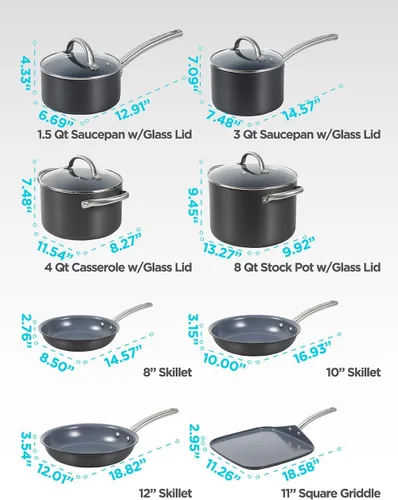 Miniatura 7 de BLACK+DECKER Juego de utensilios de cocina de aluminio anodizado duro de cerámica de 12 piezas, ollas y sartenes con revestimiento antiadherente