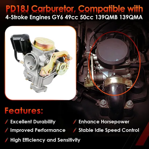 Miniatura 2 de Carburador GY6 50cc PD18J 18mm Compatible con 4 tiempos 49cc 50cc 80cc 139QMB 139QMA Motor de Ciclomotor para Scooter Taotao Kymco con Filtro