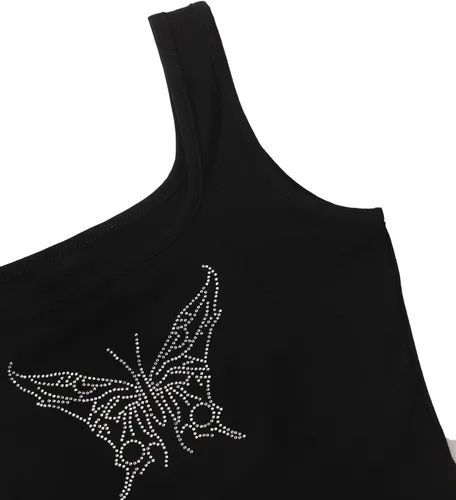 Miniatura 3 de Verdusa Camiseta corta sin mangas con cuello cuadrado y diamantes de imitación para mujer