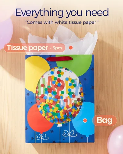 Miniatura 3 de SUNCOLOR Bolsa de regalo extragrande con ventana de confeti, papel azul, 15.7 x 12.6 x 5.7 pulgadas, diseño de globos de cumpleaños, incluye papel