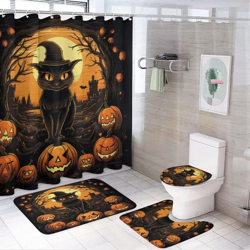 Juego de 4 cortinas de ducha de Halloween, gato negro, luna llena, calabaza aterradora, cortina de ducha y alfombras, juego de cortina de ducha de