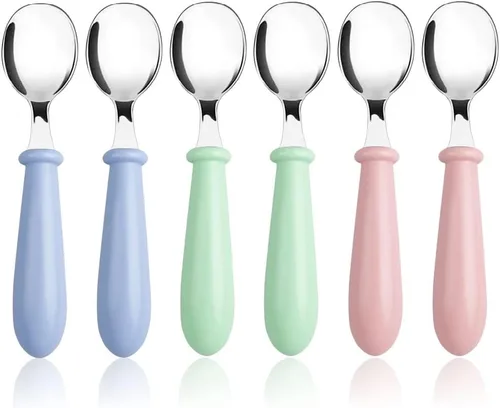 Pimoys Cucharas para niños pequeños, 6 cucharas de bebé para autoalimentarse, cucharas de acero inoxidable para niños con mango redondo, utensilios