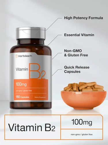 Miniatura 4 de Horbäach Vitamina B2 100 mg 180 cápsulas Suplemento de riboflavina Sin OMG y sin gluten