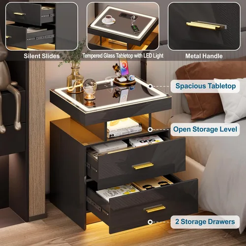 Miniatura 7 de WOOVIVS Juego de 2 mesitas de noche con carga inalámbrica y luces LED para dormitorio, mesita de noche con tablero de vidrio y diseño de 2 cajones