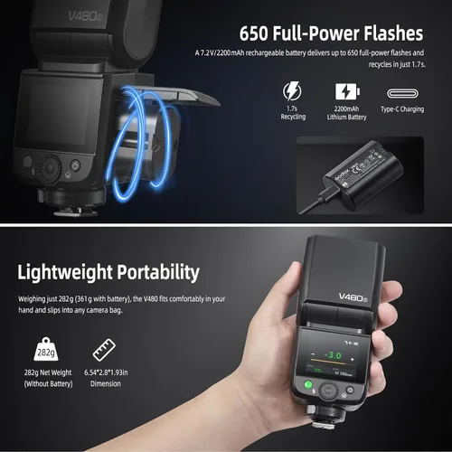Miniatura 7 de Godox V480S TTL Speedlite Flash para cámaras Sony, GN50, pantalla táctil de 2.0 pulgadas, HSS 1/8000s, sincronización de obturador electrónico, 2.4G
