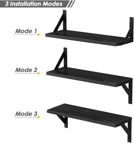 Miniatura 5 de Forbena Juego de 3 estantes flotantes negros para baño, estantes de madera para libros, estante rústico para almacenamiento, organizador de baño