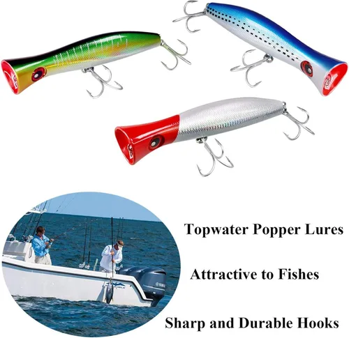Miniatura 2 de THKFISH Topwater Señuelos de pesca de agua salada GT Popper con 3 ganchos fuertes, pesca de surf, 1 unidad/3 piezas 3 unidades de 3