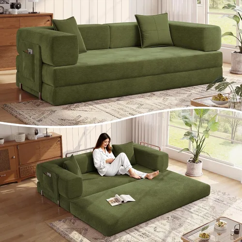 MoonSpeak Sofá cama de 78.8 pulgadas para sala de estar, sofá modular convertible con almohada para reposabrazos, sofás modulares plegables de pana