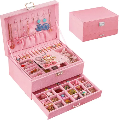 QBestry Caja organizadora de joyas para mujer, caja de joyería de terciopelo rosa para collares y aretes, anillos, pulseras, joyero, organizador