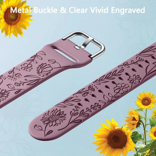 Miniatura 3 de Samsung Galaxy - Correa deportiva de silicona grabada con girasol de 1.575 pulgadas/1.732 pulgadas, para mujeres y hombres Violeta ahumado.