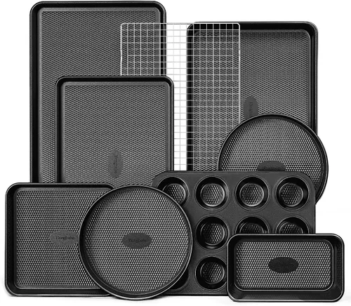 Miniatura 10 de HONGBAKE Juego de 9 moldes para hornear antiadherentes, apilables no tóxicos con textura de diamante, juego de bandejas para horno para cocinar