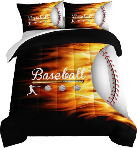 HOSIMA Juego de edredón de béisbol 3D para niños y adolescentes, decoración de dormitorio, juego de edredón negro de béisbol y fuego, juego de ropa