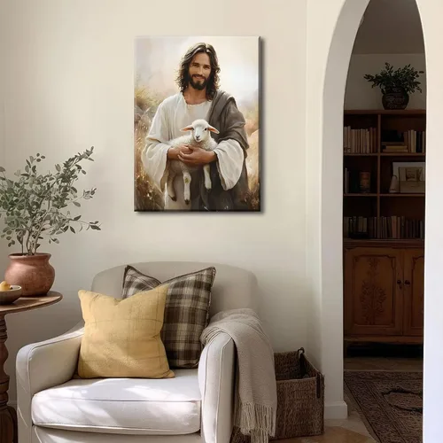 Miniatura 5 de Arte de pared en lienzo de Jesús y Cordero Jesús salva al cordero perdido Decoración de pared Imágenes Pintura de Cordero de Dios Pósters