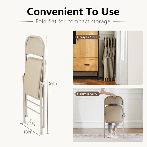 Miniatura 3 de DUMOS Paquete de 12 sillas plegables acolchadas de cuero, asiento comercial apilable portátil para interiores y exteriores con marco de acero, Caqui