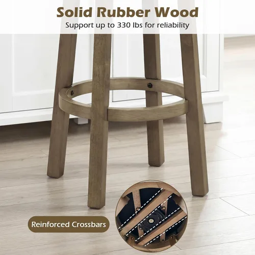 Miniatura 7 de COSTWAY Taburete de bar giratorio de 27 pulgadas, con respaldo acolchado y patas de madera de goma, silla de desayuno para isla de cocina