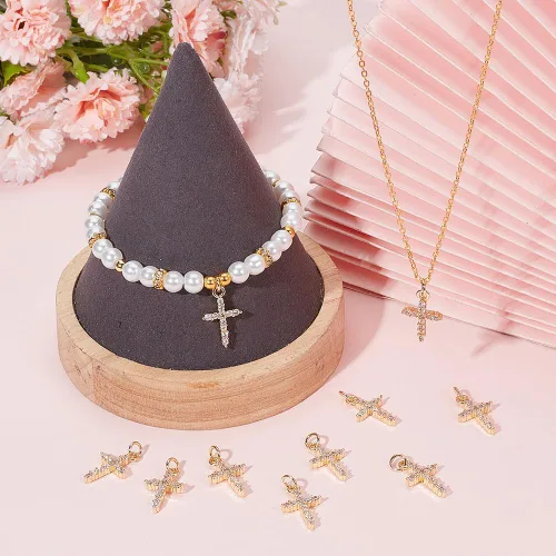 Miniatura 4 de Beebeecraft 1 caja de 10 dijes de cruz de circonita cúbica de oro pequeño con anillo de salto chapado en oro real de 18 quilates de latón
