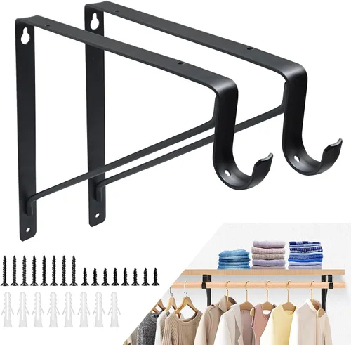 Paquete de 2 soportes para barra de armario, estante de armario resistente y soportes de barra, soportes negros para barra de armario de 1-3/8
