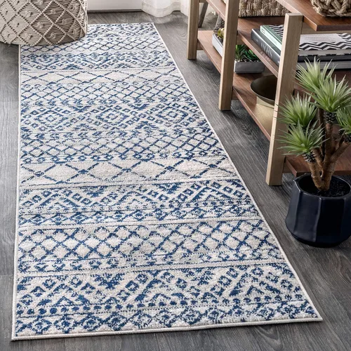 JONATHAN Y Moroccan Hype - Tapete bohemio vintage tribal color crema/azul, 2 x 8 pulgadas, bohemio, vintage, fácil de limpiar, para sala de estar,