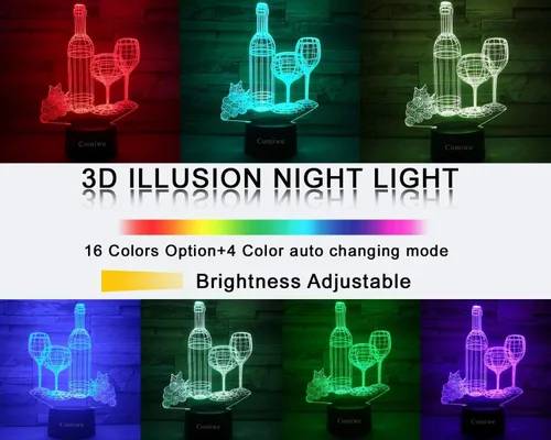 Miniatura 3 de Luz nocturna de ilusión 3D de copa de vino, lámpara de noche LED regulable de 16 colores con control táctil y remoto, USB y alimentada por batería