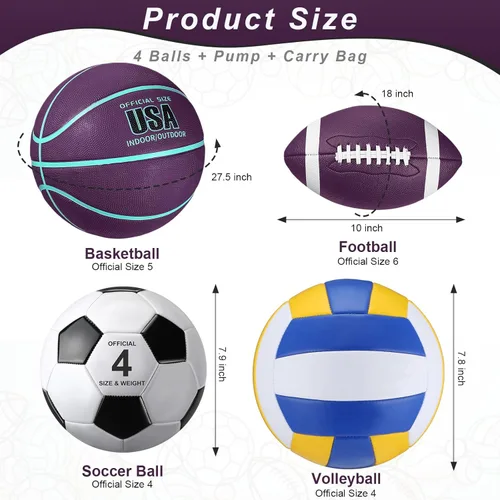 Miniatura 2 de HyDren Juego de 4 pelotas deportivas de tamaño oficial para baloncesto, balón de fútbol, voleibol, con bolsa de transporte y inflador, regalo