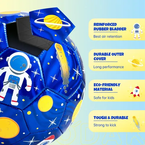 Miniatura 4 de INPODAK Balón de fútbol tamaño 3 para niños pequeños, bola azul de astronauta de dibujos animados para niños de 2 a 8 años, pelotas de fútbol