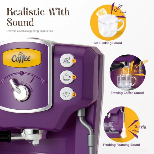 Miniatura 4 de Toylink Cafetera de juguete para niños con sonido y luces, juego de café morado para niños, accesorios de cocina con tazas y comida de juego