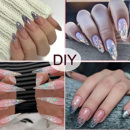 Miniatura 3 de 6 colores para arte de uñas Gliiter holográfico en copos de uñas para arte de uñas, polvo de uñas reflectante con purpurina para mujeres y niñas