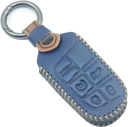 Funda de cuero genuino para llavero Jeep, para Jeep Grand Cherokee Chrysler 200 300c Renegade Compass Dodge Journey Charger Challenger Durango, Azul