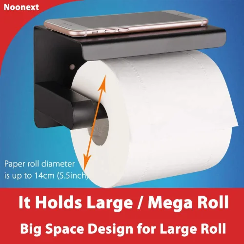 Miniatura 4 de Soporte para papel higiénico negro mate, soporte para rollo de papel higiénico con estante, adhesivo 3M, sin taladro o montado en la pared
