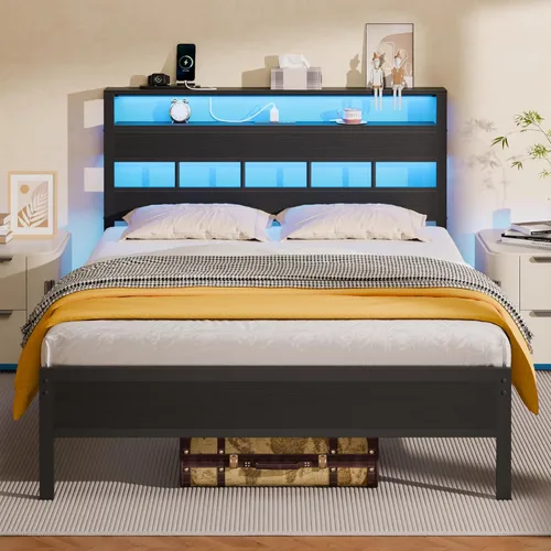 Miniatura 13 de Furnulem Base de cama individual con estación de carga y luces LED, cama de plataforma de tamaño individual con listones de metal, cabecera de Roble