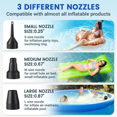 Miniatura 4 de Bomba de aire eléctrica inflable para piscina, AC/110V 130w - Bomba de cama de aire de llenado rápido con 3 boquillas, inflador de bomba de colchón