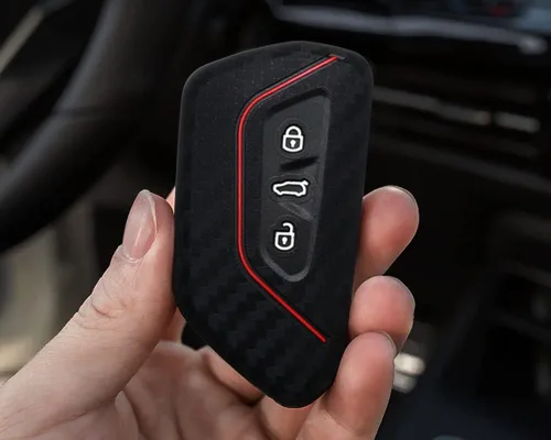Miniatura 5 de iJDMTOY Funda para llavero de silicona suave con patrón de fibra de carbono negra con rayas rojas compatible con Volkswagen MK8 Golf/GTI ID 4, Skoda