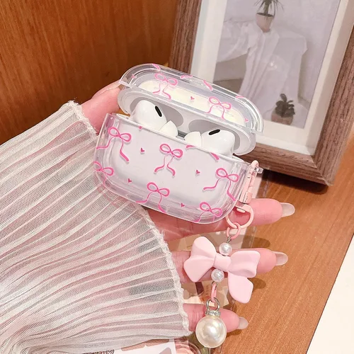Miniatura 4 de MINSCOSE Funda para AirPods Pro de 2ª/1ª generación, diseño de corazón con lazo de cinta femenina con bonito llavero de perla, funda protectora