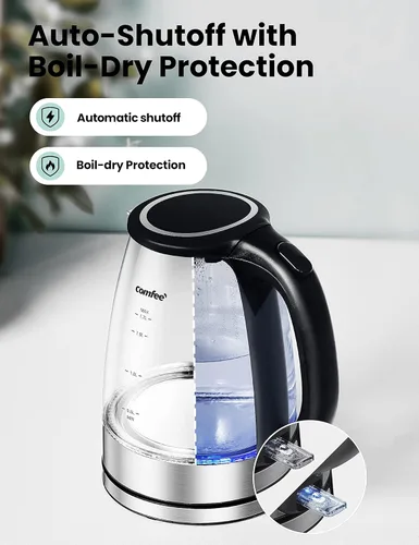 Miniatura 5 de COMFEE' Tetera Eléctrica de Vidrio y Hervidor de Agua Caliente Eléctrico, Hervidor Eléctrico de 1.7L con Indicador LED, Ebullición Rápida de 1500W