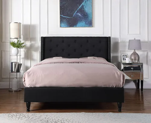 Miniatura 5 de Base de cama de plataforma tapizada completa con cabecero de 51 pulgadas de alto, cama de tela copetuda con botones, soporte de listones de madera
