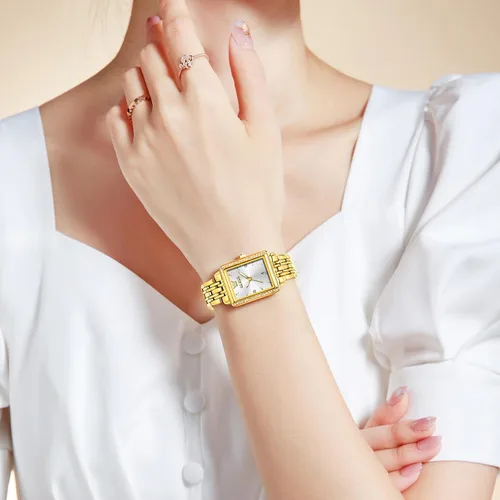 Miniatura 3 de OLEVS Reloj de mujer de oro de acero inoxidable, reloj de cara cuadrada pequeña con decoración de diamantes, reloj de vestir de cuarzo analógico