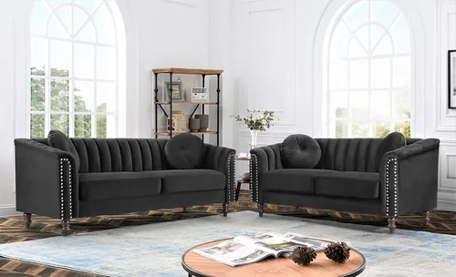 Miniatura 2 de Container Furniture Direct Juego de 2 piezas de sofá de terciopelo copetudo con cojines extraíbles y patas de madera torneada, elegantes muebles