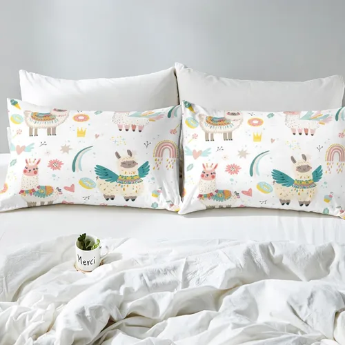 Miniatura 5 de Feelyou Juego de sábanas bajeras de alpaca para niños, lindo juego de ropa de cama con diseño de llama y donas de dibujos animados, juego de sábanas