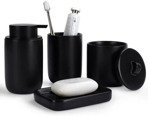 Miniatura 11 de BosilunLife Juego de accesorios de baño, juego de cerámica para decoración de baño, dispensador de jabón de espuma y soporte para cepillos